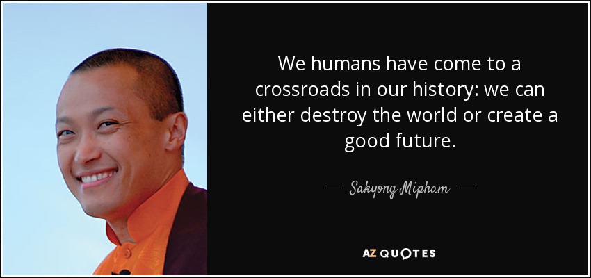 We humans have come to a crossroads in our history: we can either destroy the world or create a good future. - Sakyong Mipham