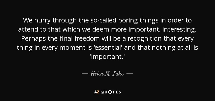 We hurry through the so-called boring things in order to attend to that which we deem more important, interesting. Perhaps the final freedom will be a recognition that every thing in every moment is 'essential' and that nothing at all is 'important.' - Helen M. Luke