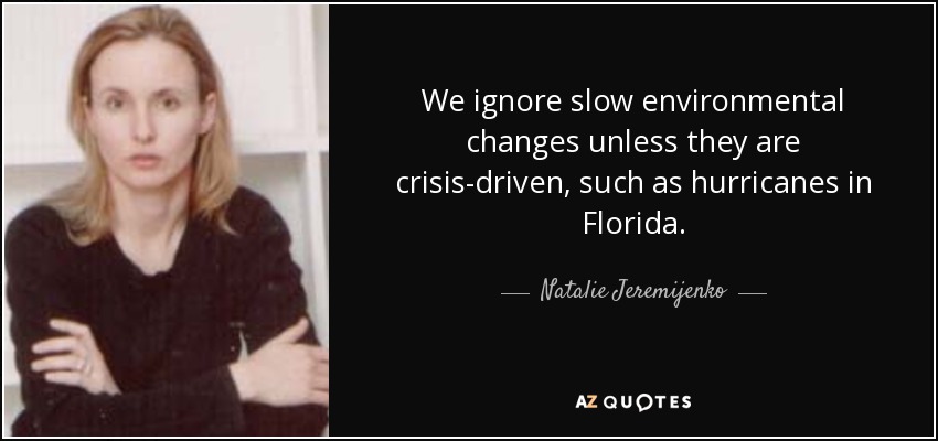 We ignore slow environmental changes unless they are crisis-driven, such as hurricanes in Florida. - Natalie Jeremijenko