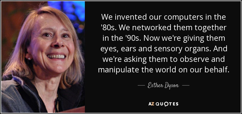 We invented our computers in the '80s. We networked them together in the '90s. Now we're giving them eyes, ears and sensory organs. And we're asking them to observe and manipulate the world on our behalf. - Esther Dyson