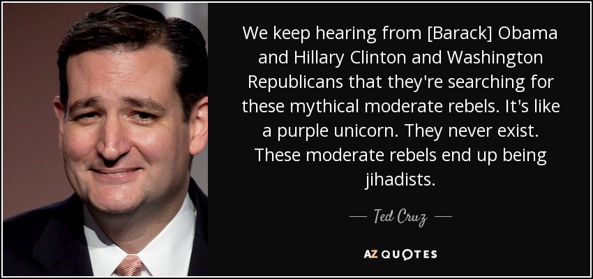 We keep hearing from [Barack] Obama and Hillary Clinton and Washington Republicans that they're searching for these mythical moderate rebels. It's like a purple unicorn. They never exist. These moderate rebels end up being jihadists. - Ted Cruz