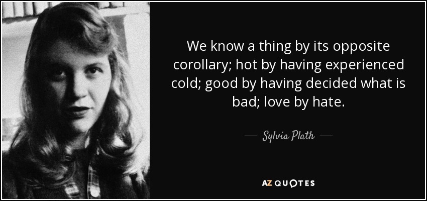 We know a thing by its opposite corollary; hot by having experienced cold; good by having decided what is bad; love by hate. - Sylvia Plath