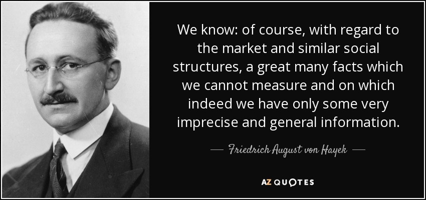 We know: of course, with regard to the market and similar social structures, a great many facts which we cannot measure and on which indeed we have only some very imprecise and general information. - Friedrich August von Hayek