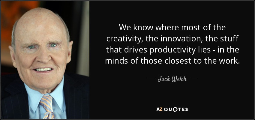 We know where most of the creativity, the innovation, the stuff that drives productivity lies - in the minds of those closest to the work. - Jack Welch