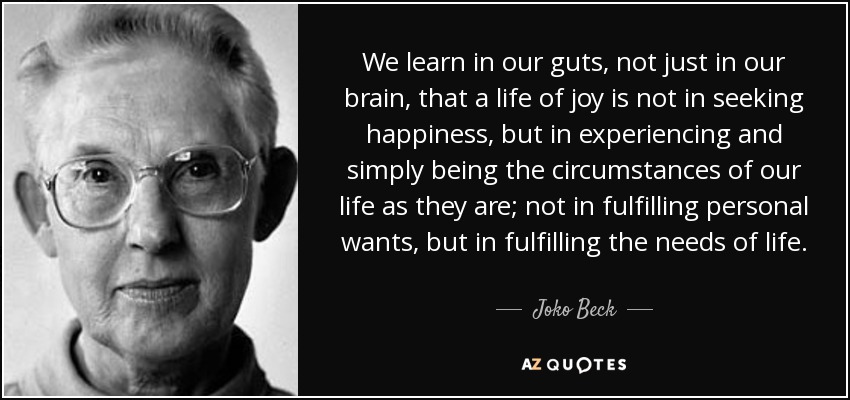 We learn in our guts, not just in our brain, that a life of joy is not in seeking happiness, but in experiencing and simply being the circumstances of our life as they are; not in fulfilling personal wants, but in fulfilling the needs of life. - Joko Beck