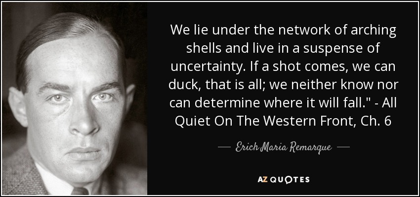 We lie under the network of arching shells and live in a suspense of uncertainty. If a shot comes, we can duck, that is all; we neither know nor can determine where it will fall.