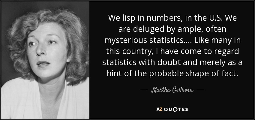 We lisp in numbers, in the U.S. We are deluged by ample, often mysterious statistics. ... Like many in this country, I have come to regard statistics with doubt and merely as a hint of the probable shape of fact. - Martha Gellhorn