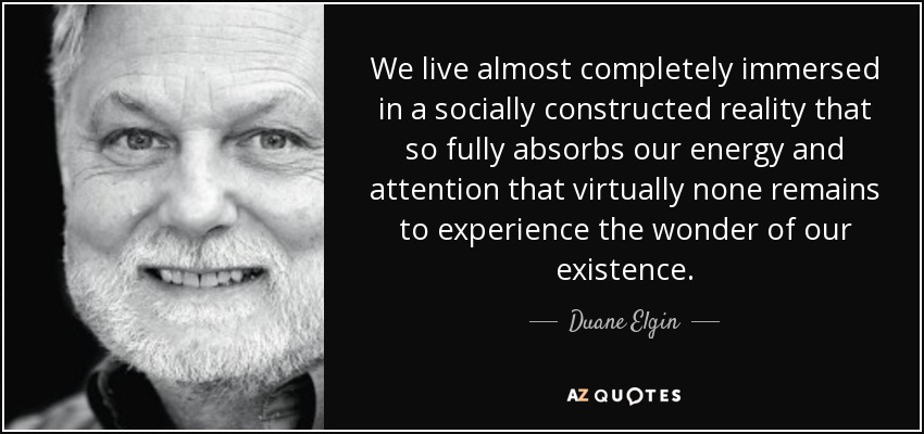 We live almost completely immersed in a socially constructed reality that so fully absorbs our energy and attention that virtually none remains to experience the wonder of our existence. - Duane Elgin