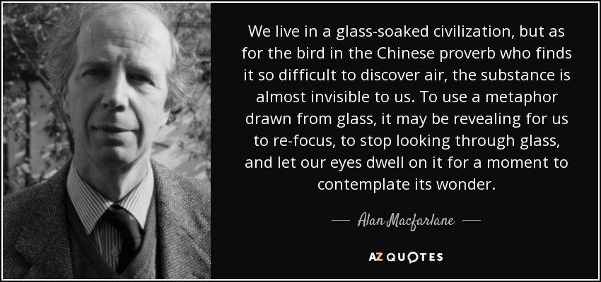 We live in a glass-soaked civilization, but as for the bird in the Chinese proverb who finds it so difficult to discover air, the substance is almost invisible to us. To use a metaphor drawn from glass, it may be revealing for us to re-focus, to stop looking through glass, and let our eyes dwell on it for a moment to contemplate its wonder. - Alan Macfarlane
