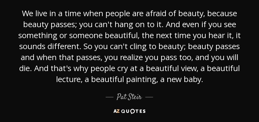 We live in a time when people are afraid of beauty, because beauty passes; you can't hang on to it. And even if you see something or someone beautiful, the next time you hear it, it sounds different. So you can't cling to beauty; beauty passes and when that passes, you realize you pass too, and you will die. And that's why people cry at a beautiful view, a beautiful lecture, a beautiful painting, a new baby. - Pat Steir