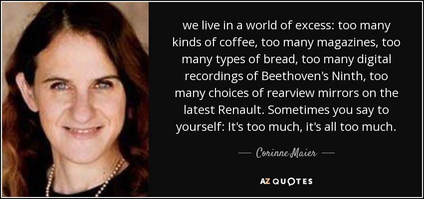 we live in a world of excess: too many kinds of coffee, too many magazines, too many types of bread, too many digital recordings of Beethoven's Ninth, too many choices of rearview mirrors on the latest Renault. Sometimes you say to yourself: It's too much, it's all too much. - Corinne Maier