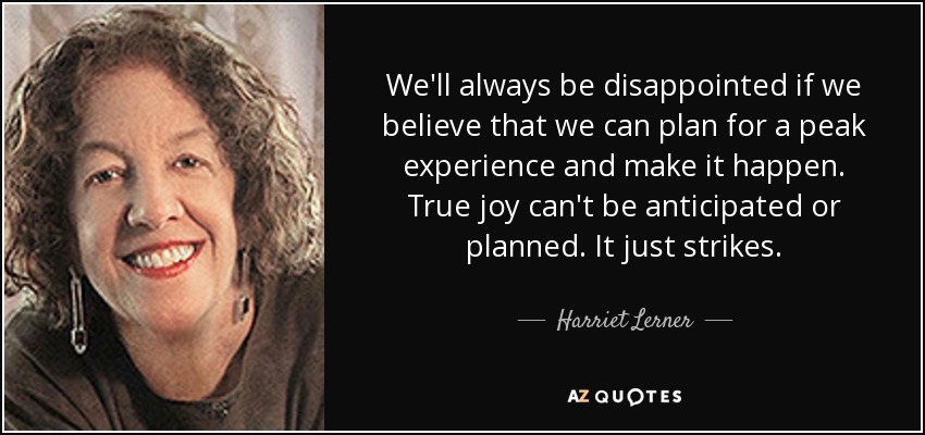 We'll always be disappointed if we believe that we can plan for a peak experience and make it happen. True joy can't be anticipated or planned. It just strikes. - Harriet Lerner