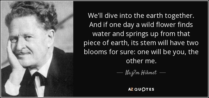 We'll dive into the earth together. And if one day a wild flower finds water and springs up from that piece of earth, its stem will have two blooms for sure: one will be you, the other me. - Naz?m Hikmet