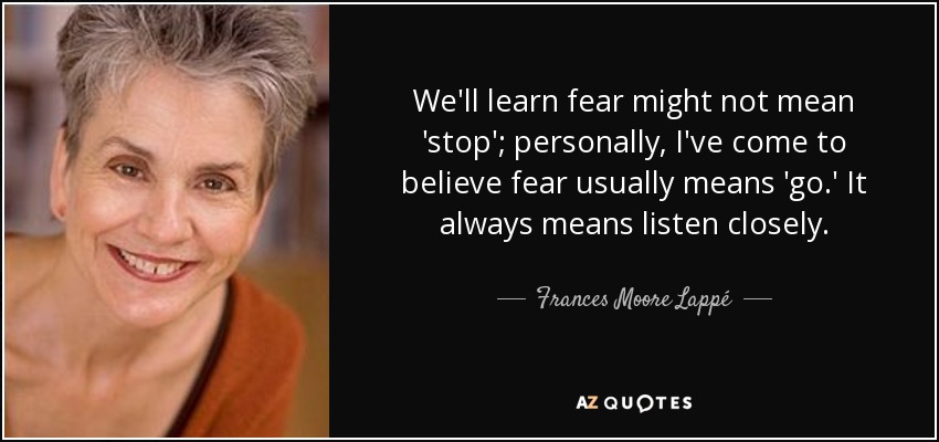 We'll learn fear might not mean 'stop'; personally, I've come to believe fear usually means 'go.' It always means listen closely. - Frances Moore Lappé