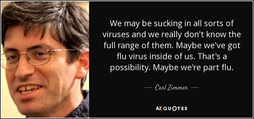 We may be sucking in all sorts of viruses and we really don't know the full range of them. Maybe we've got flu virus inside of us. That's a possibility. Maybe we're part flu. - Carl Zimmer