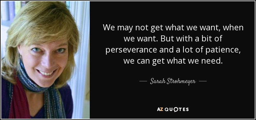 We may not get what we want, when we want. But with a bit of perseverance and a lot of patience, we can get what we need. - Sarah Strohmeyer