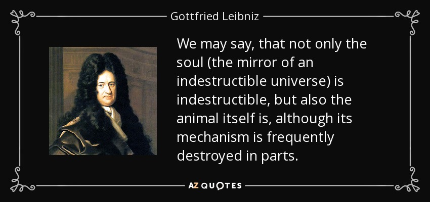 We may say, that not only the soul (the mirror of an indestructible universe) is indestructible, but also the animal itself is, although its mechanism is frequently destroyed in parts. - Gottfried Leibniz