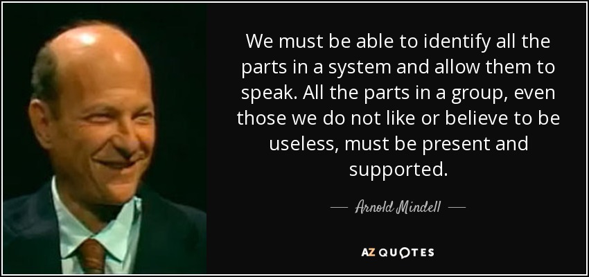 We must be able to identify all the parts in a system and allow them to speak. All the parts in a group, even those we do not like or believe to be useless, must be present and supported. - Arnold Mindell