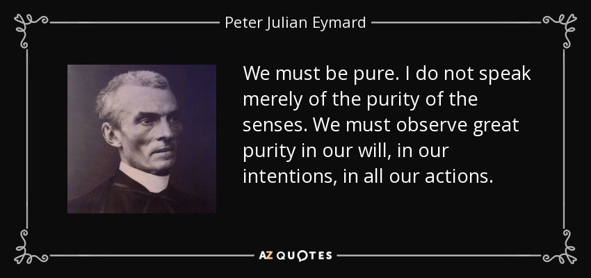 We must be pure. I do not speak merely of the purity of the senses. We must observe great purity in our will, in our intentions, in all our actions. - Peter Julian Eymard