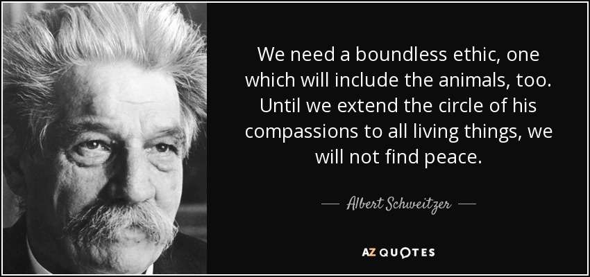 We need a boundless ethic, one which will include the animals, too. Until we extend the circle of his compassions to all living things, we will not find peace. - Albert Schweitzer