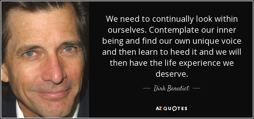 We need to continually look within ourselves. Contemplate our inner being and find our own unique voice and then learn to heed it and we will then have the life experience we deserve. - Dirk Benedict