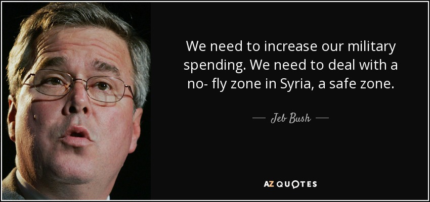 We need to increase our military spending. We need to deal with a no- fly zone in Syria, a safe zone. - Jeb Bush