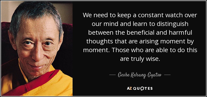We need to keep a constant watch over our mind and learn to distinguish between the beneficial and harmful thoughts that are arising moment by moment. Those who are able to do this are truly wise. - Geshe Kelsang Gyatso