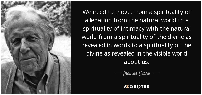 We need to move: from a spirituality of alienation from the natural world to a spirituality of intimacy with the natural world from a spirituality of the divine as revealed in words to a spirituality of the divine as revealed in the visible world about us. - Thomas Berry