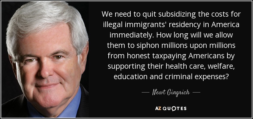 We need to quit subsidizing the costs for illegal immigrants' residency in America immediately. How long will we allow them to siphon millions upon millions from honest taxpaying Americans by supporting their health care, welfare, education and criminal expenses? - Newt Gingrich