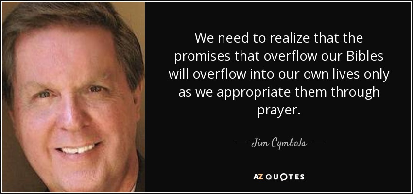 We need to realize that the promises that overflow our Bibles will overflow into our own lives only as we appropriate them through prayer. - Jim Cymbala