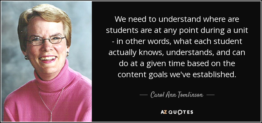 We need to understand where are students are at any point during a unit - in other words, what each student actually knows, understands, and can do at a given time based on the content goals we've established. - Carol Ann Tomlinson