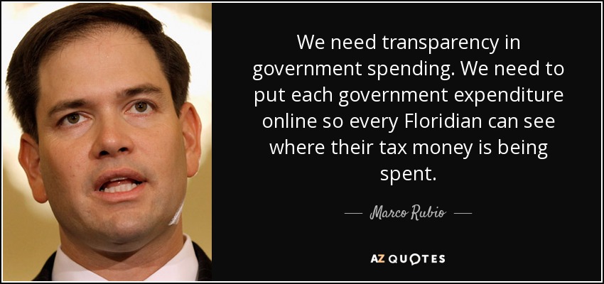 We need transparency in government spending. We need to put each government expenditure online so every Floridian can see where their tax money is being spent. - Marco Rubio
