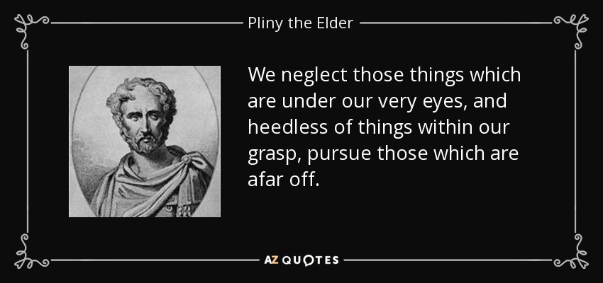 We neglect those things which are under our very eyes, and heedless of things within our grasp, pursue those which are afar off. - Pliny the Elder