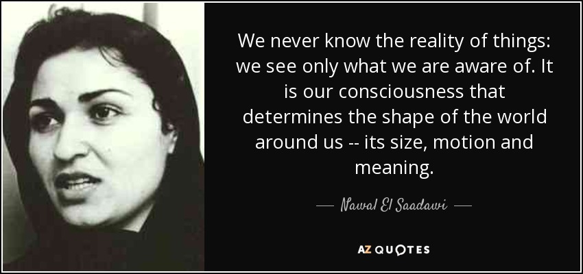 We never know the reality of things: we see only what we are aware of. It is our consciousness that determines the shape of the world around us -- its size, motion and meaning. - Nawal El Saadawi