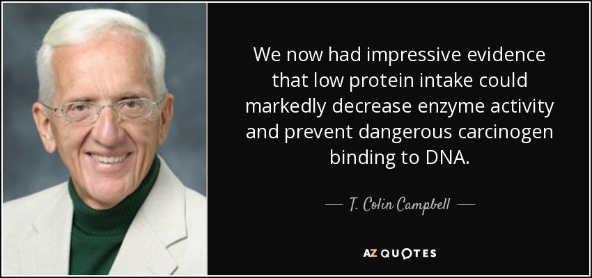 We now had impressive evidence that low protein intake could markedly decrease enzyme activity and prevent dangerous carcinogen binding to DNA. - T. Colin Campbell