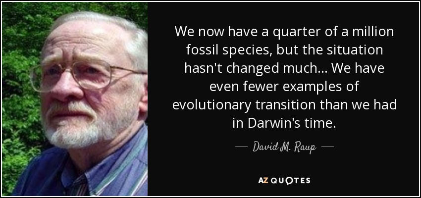 We now have a quarter of a million fossil species, but the situation hasn't changed much... We have even fewer examples of evolutionary transition than we had in Darwin's time. - David M. Raup