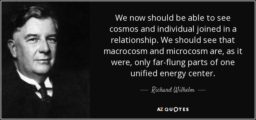 We now should be able to see cosmos and individual joined in a relationship. We should see that macrocosm and microcosm are, as it were, only far-flung parts of one unified energy center. - Richard Wilhelm