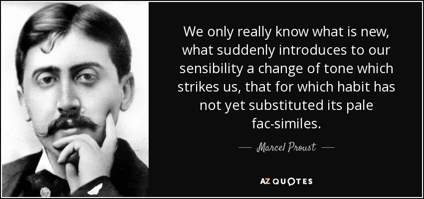 We only really know what is new, what suddenly introduces to our sensibility a change of tone which strikes us, that for which habit has not yet substituted its pale fac-similes. - Marcel Proust