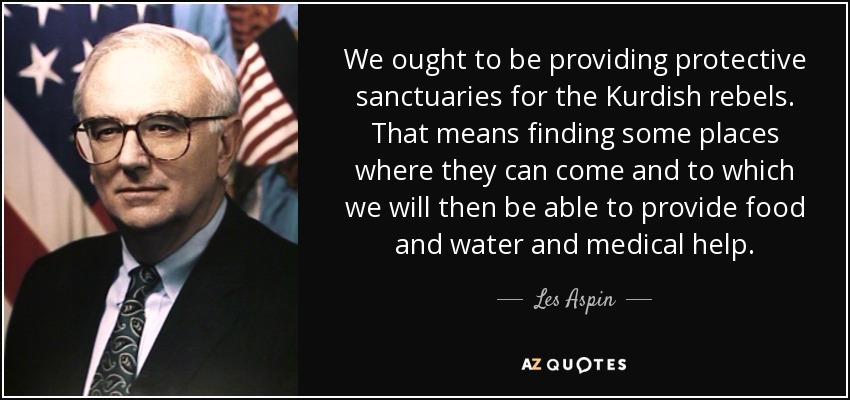 We ought to be providing protective sanctuaries for the Kurdish rebels. That means finding some places where they can come and to which we will then be able to provide food and water and medical help. - Les Aspin
