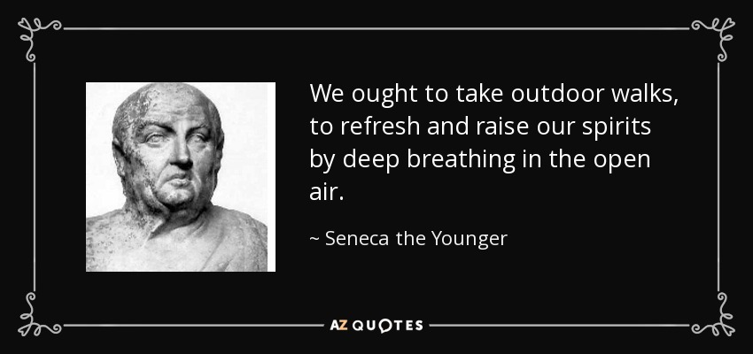 We ought to take outdoor walks, to refresh and raise our spirits by deep breathing in the open air. - Seneca the Younger