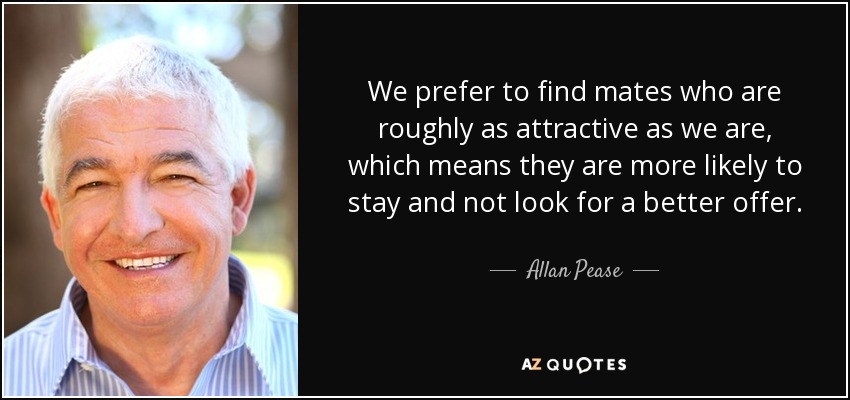 We prefer to find mates who are roughly as attractive as we are, which means they are more likely to stay and not look for a better offer. - Allan Pease