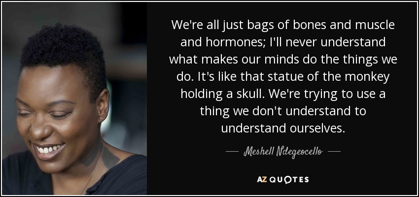 We're all just bags of bones and muscle and hormones; I'll never understand what makes our minds do the things we do. It's like that statue of the monkey holding a skull. We're trying to use a thing we don't understand to understand ourselves. - Meshell Ndegeocello