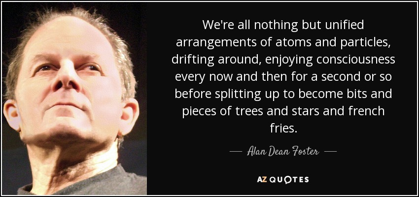 We're all nothing but unified arrangements of atoms and particles, drifting around, enjoying consciousness every now and then for a second or so before splitting up to become bits and pieces of trees and stars and french fries. - Alan Dean Foster