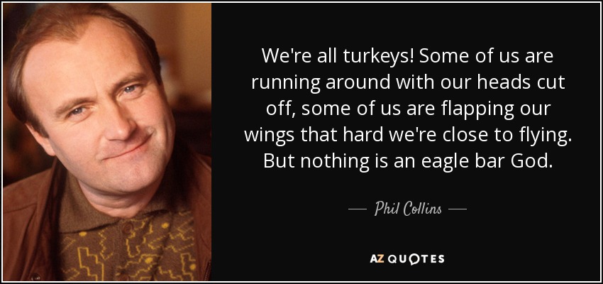 We're all turkeys! Some of us are running around with our heads cut off, some of us are flapping our wings that hard we're close to flying. But nothing is an eagle bar God. - Phil Collins