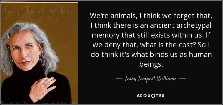 We're animals, I think we forget that. I think there is an ancient archetypal memory that still exists within us. If we deny that, what is the cost? So I do think it's what binds us as human beings. - Terry Tempest Williams