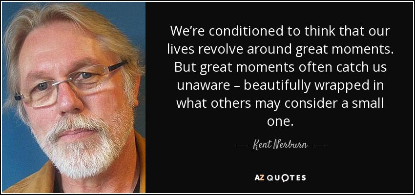 We’re conditioned to think that our lives revolve around great moments. But great moments often catch us unaware – beautifully wrapped in what others may consider a small one. - Kent Nerburn