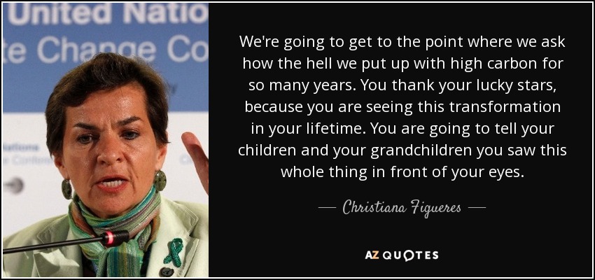 We're going to get to the point where we ask how the hell we put up with high carbon for so many years. You thank your lucky stars, because you are seeing this transformation in your lifetime. You are going to tell your children and your grandchildren you saw this whole thing in front of your eyes. - Christiana Figueres