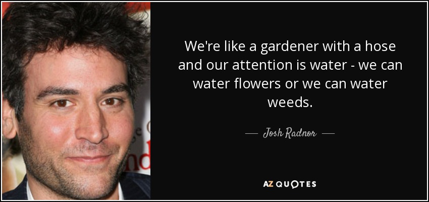 We're like a gardener with a hose and our attention is water - we can water flowers or we can water weeds. - Josh Radnor