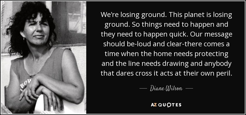We're losing ground. This planet is losing ground. So things need to happen and they need to happen quick. Our message should be-loud and clear-there comes a time when the home needs protecting and the line needs drawing and anybody that dares cross it acts at their own peril. - Diane Wilson