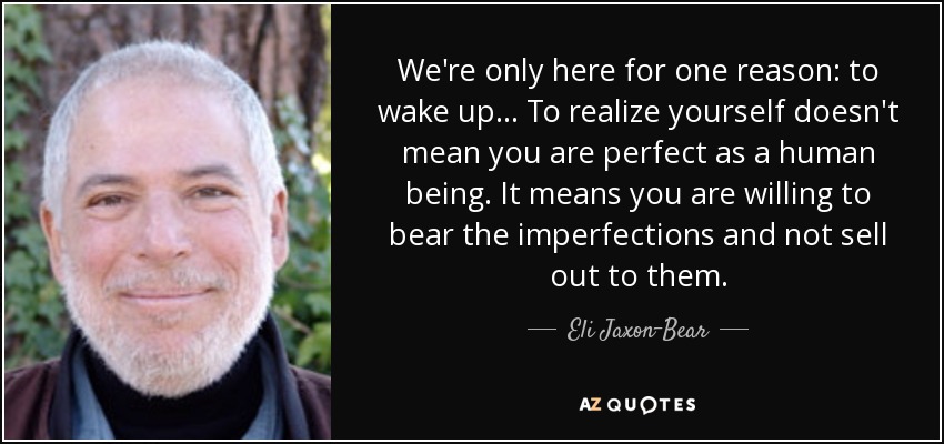 We're only here for one reason: to wake up... To realize yourself doesn't mean you are perfect as a human being. It means you are willing to bear the imperfections and not sell out to them. - Eli Jaxon-Bear